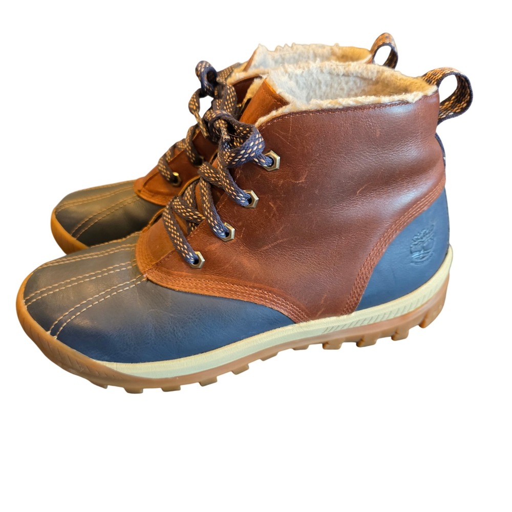 Timberland Womens Mount Hope Duck Boots Brown Navy Blue Leather A1631 Size 9.5